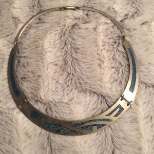 Silver choker style necklace with turquoise